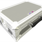 Grey electronic equipment case with a grid top panel on a white background