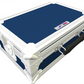 White and blue storage crate with grid pattern on a white background