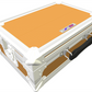 White and orange electronic crate with a handle on a white background