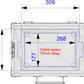 Technical drawing of a rectangular metal box with dimensions labeled