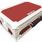 Red and white storage box with a visible brand logo on a white background