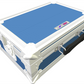 Royal Blue and white electronic case with grid pattern on a white background