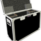 Black and silver flight case with open lid on a white background