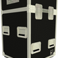 Black flight case with wheels on a white background