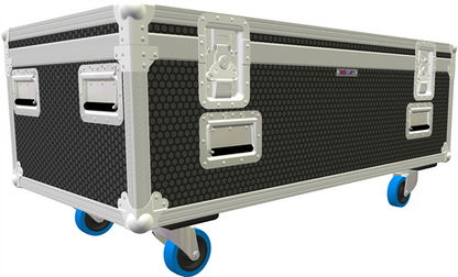 Large black and silver flight case with wheels on a white background