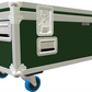 Large green and white flight case with wheels on a white background