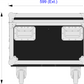 Dimensions of a black rectangular case with silver corners and wheels on a white background