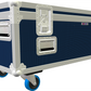 Large blue and white storage case with wheels on a white background