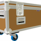 Large orange and white flight case with wheels on a white background