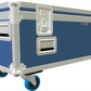 Royal blue and silver flight case with wheels on a white background