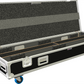Open Black and gray travel case with wheels on a white background