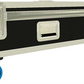 Back view of Large black and white flight case with wheels on a white background