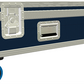 Large blue and silver travel case with wheels on a white background