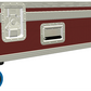 Large red and white travel case with wheels on a white background