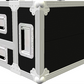 Black and white flight case with multiple compartments on a white background