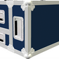 Blue and white flight case with multiple compartments on a white background
