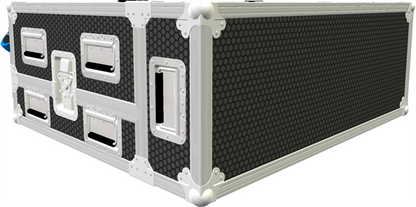 Black and white flight case with multiple compartments on a white background