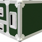 Green and white flight case with multiple compartments on a white background