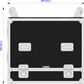 Diagram of a black rectangular flight case with dimensions and wheel details.