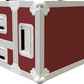 Red and white flight case with mesh sides on a white background