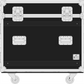 Black flight case with silver latches and wheels on a white background