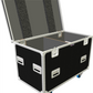 Open case view of Black flight case with wheels on a white background