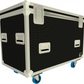 Back view of Black flight case with wheels on a white background