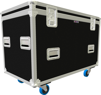 Black flight case with silver handles and blue wheels on a white background