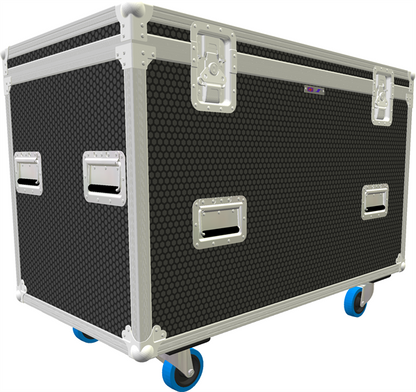 Dark Grey and silver flight case with wheels on a white background