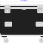 Dimensions of a black flight case with wheels on a white background