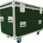 Green and silver flight case with wheels on a white background