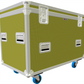Yellow flight case with white trim and blue wheels on a white background