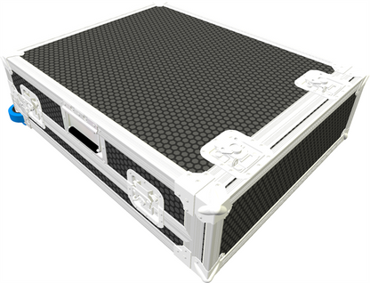 A black Avolites T3 flight case with foldable monitor stand, featuring a honeycomb pattern on the surface and white metal corners.