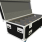 Black and white flight case with open lid on a white background