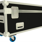 Black flight case with wheels on a white background
