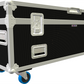 Black flight case with wheels on a white background