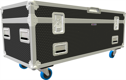 Large black and silver flight case with wheels on a white background