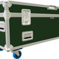 Green and white flight case with wheels on a white background