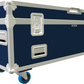 Navy Blue and silver flight case with wheels on a white background