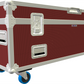 Red and white flight case with wheels on a white background