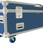 Royal Blue and silver flight case with wheels on a white background