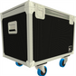 Back of black flight case with wheels on a white background