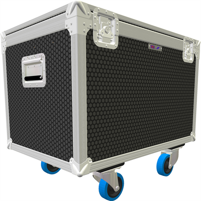 Black flight case with white frame and blue wheels on a white background