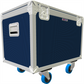 Navy blue and silver flight case with wheels on a white background