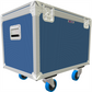 Royal blue transportation case with wheels on a white background