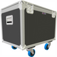 Shadow grey flight case with silver trim and blue wheels on a white background
