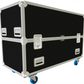 Black flight case with silver corners and blue wheels on a white background