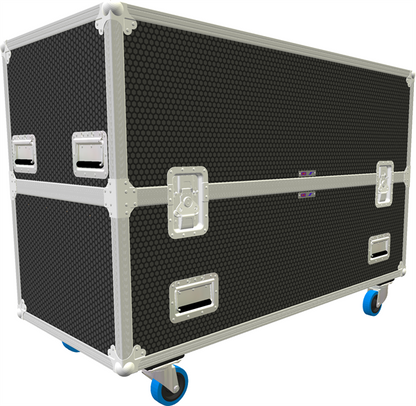 Black flight case with silver corners and blue wheels on a white background