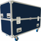 Blue and silver flight case with wheels on a white background