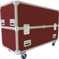 Red storage case with white trim and blue wheels on a white background